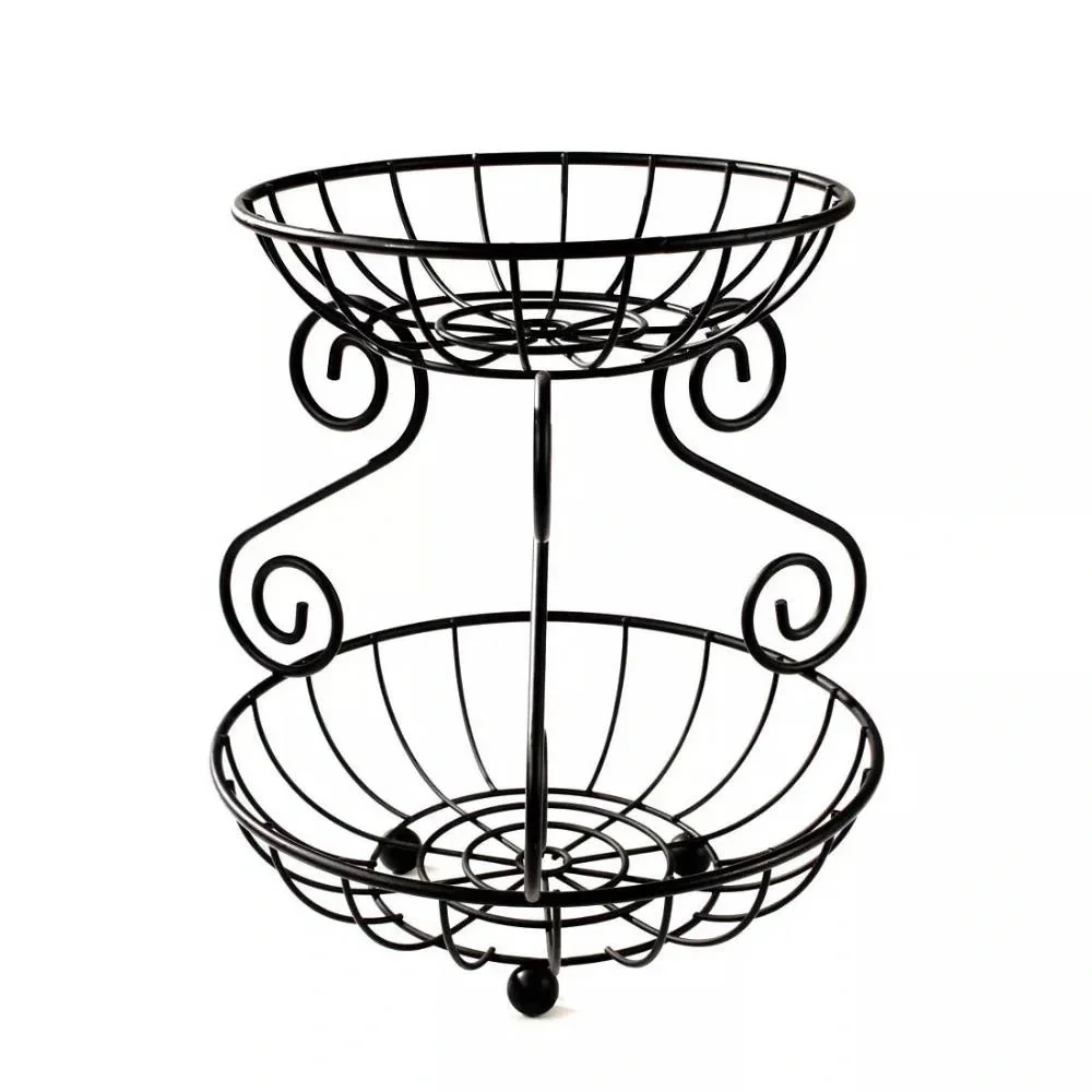 Spectrum Scroll 2 Tier Fruit Basket Stand Decorative Stacked Fruit Tower Black